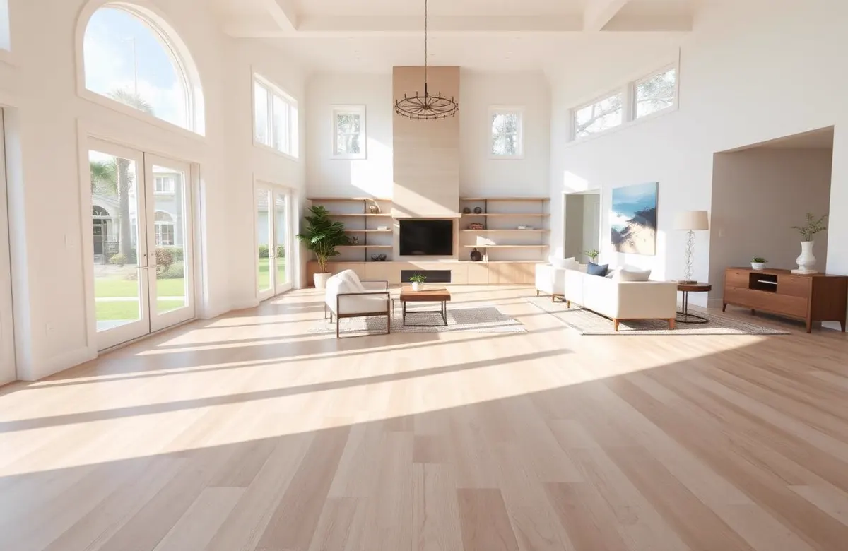Newly installed hardwood-look flooring in a bright Florida living room